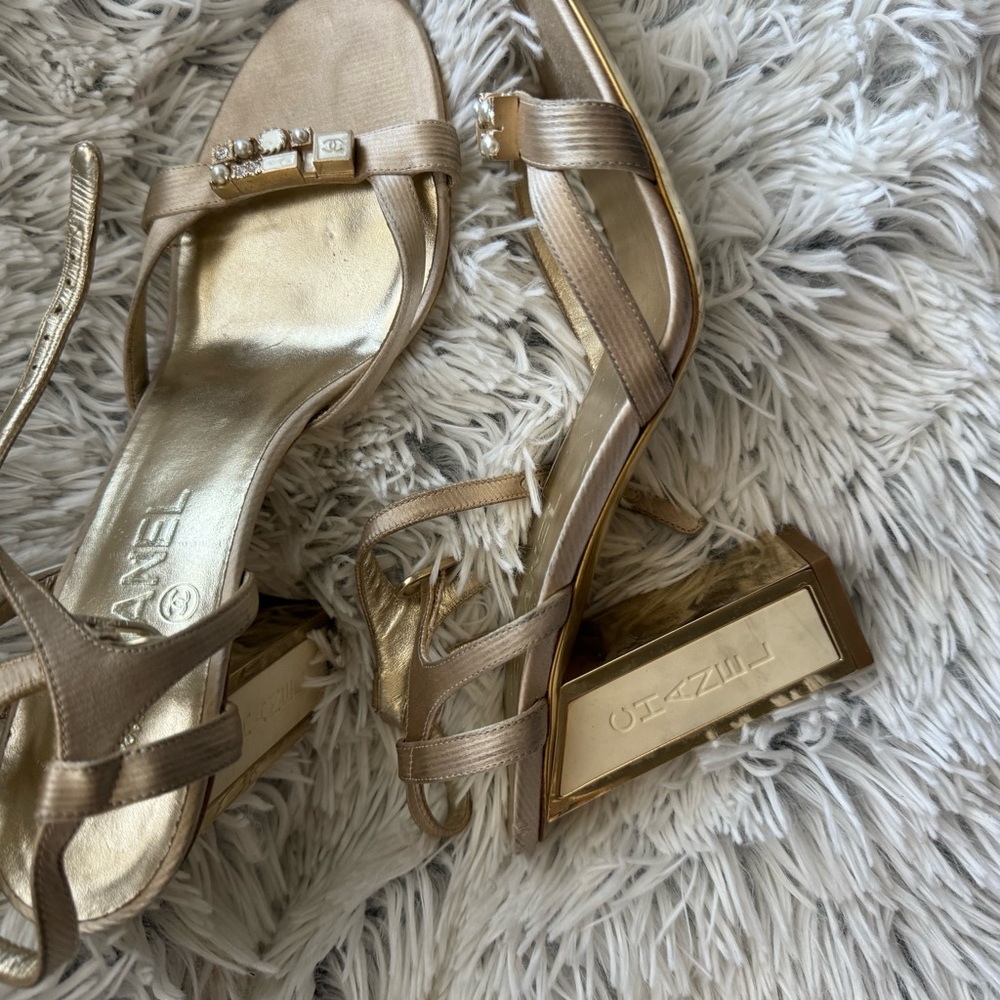 CHANEL Gold Jeweled Open-Toe Heels